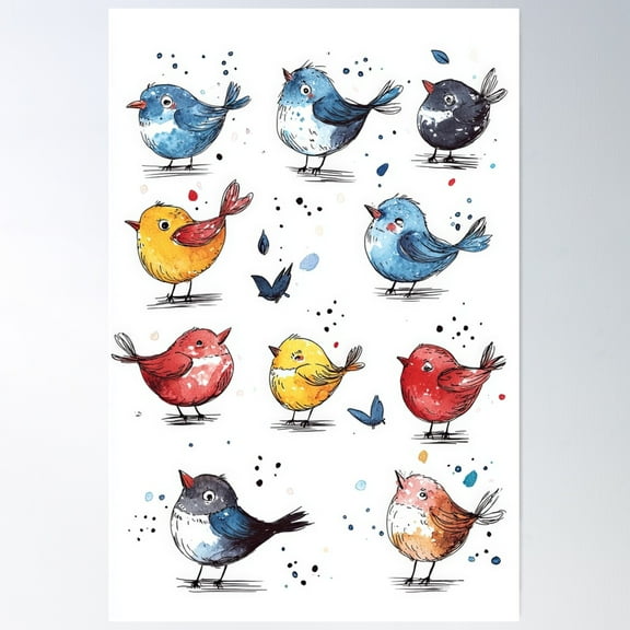 Cartoon Birds With Simple, Charming Features Poster Wall Art, Modern Wall Decor For Living Room Bedroom, 8x12 UNFRAMED