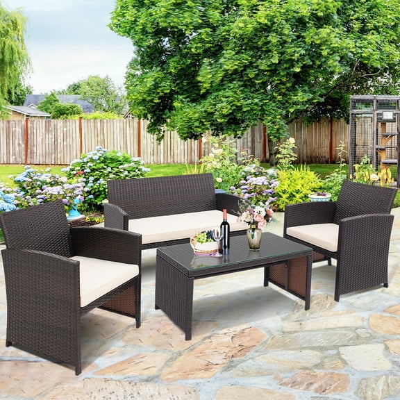 Gymax 4PCS Patio Conversation Set Outdoor Rattan Furniture Set w/ White Cushions