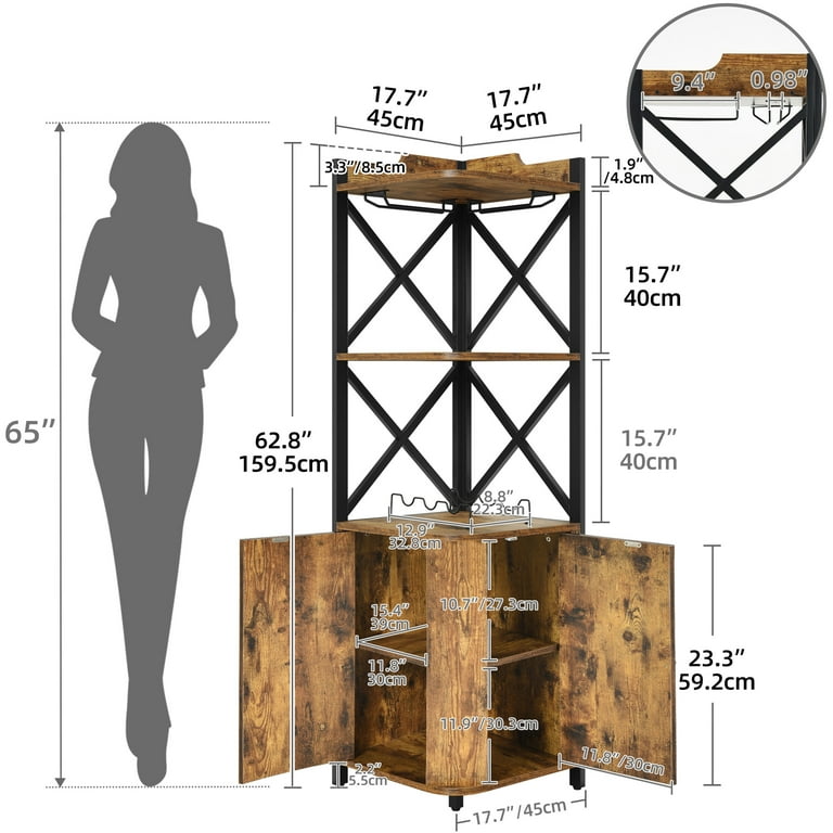 Dextrus Corner Bar Cabinet with Glass Wine Holder Industrial 5 Tier Corner Cabinet with Doors Corner Shelf for Home Living Room Kitchen Rustic