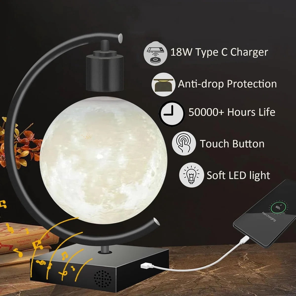 Magnetic Levitating Moon Desk Lamp with Bluetooth Speaker, 3-Color Light, Home Office Decor & Unique Gift