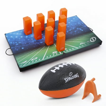 Spalding Football Pylon Toss Game, Easy-Grip Foam Football with Wooden Base & 10 Pins, Fun Backyard Target Challenge Set for All Ages, Great for Lawn, Beach, or Tailgate Play