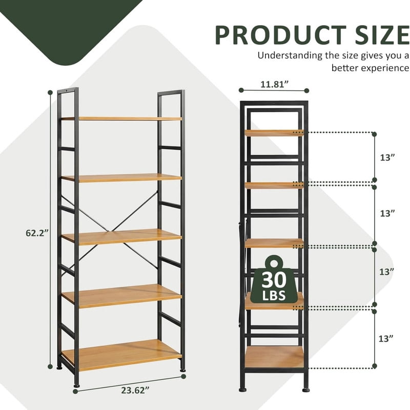 Kelno 5-Tier Bookshelf 62"x24" Industrial Storage Shelf Free Standing Bookcase Metal Frame Bookcase with Open Storage Shelves,Light Oak