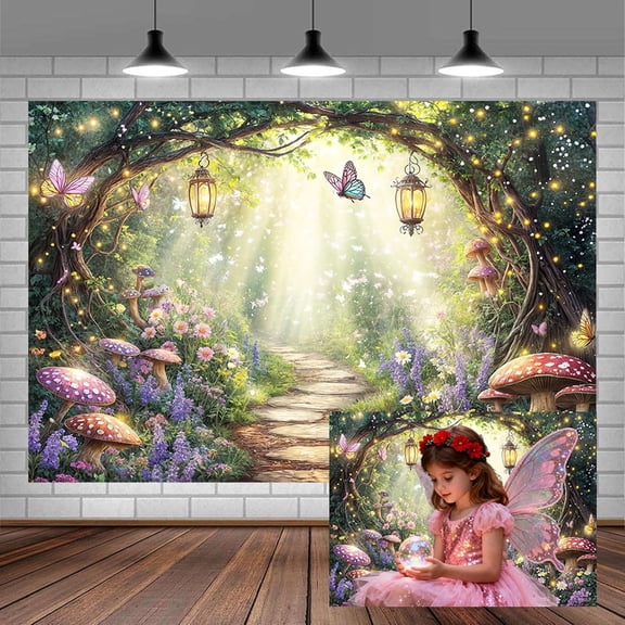 Spring Enchanted Forest Backdrop for Photograph, Green Girl Birthday Fairy Tale Wonderland Background Flower Butterfly Mushroom Baby Shower Tea Party Decorations Photo Booth Studio Props 8X6ft