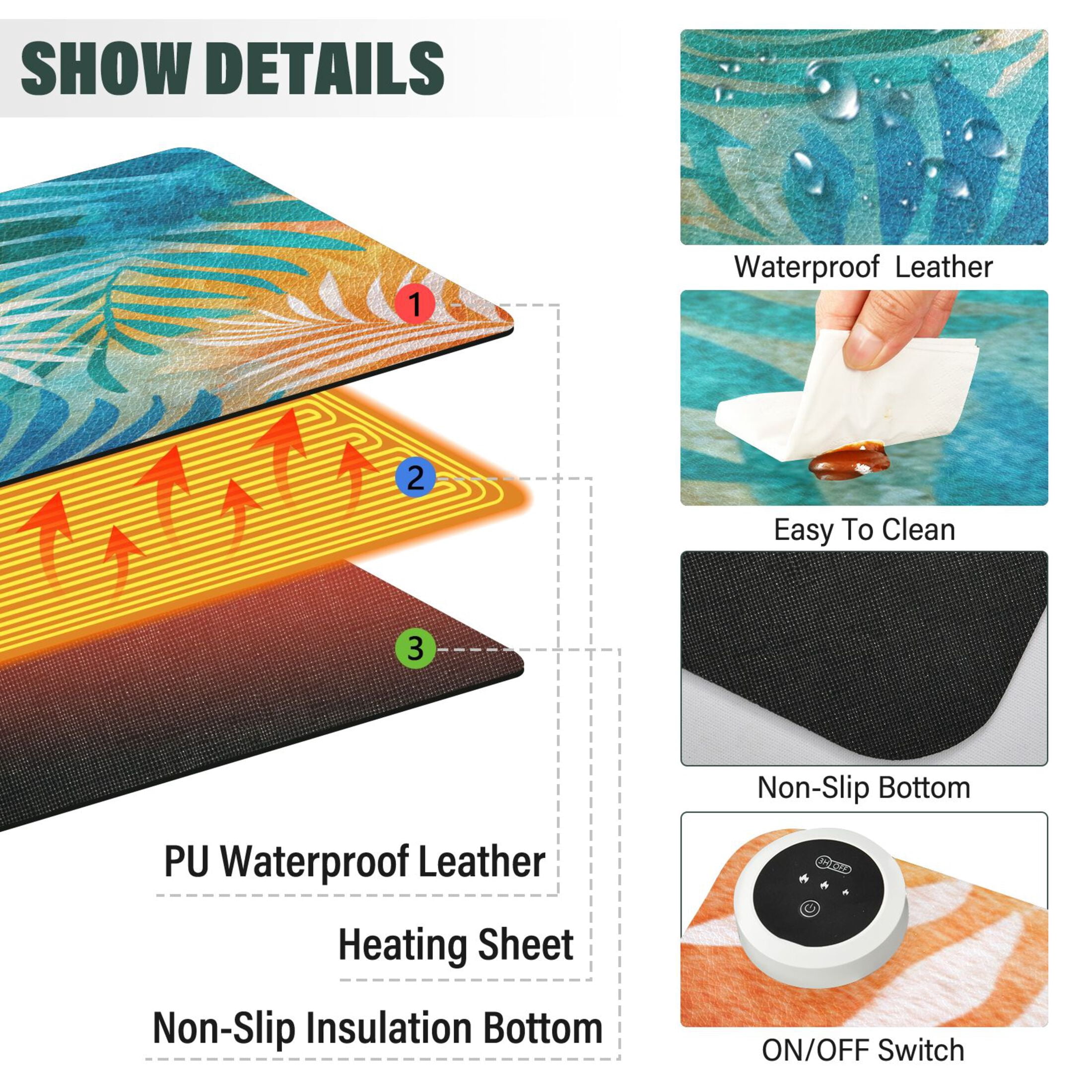 Large Heated Desk Mat Mouse Pad 31.5"x13"PU Leather Graphene Heating Desk Warmer with 3 Temperature Settings 110V US Plug Non-Slip Warm Pad for Home, Office, and Gaming Sunset Tropical Leaf Design