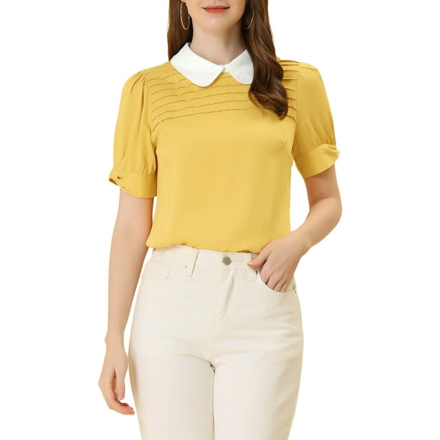 INSPIRAR CHIC Blusa de Mujer Vintage con Cuello Peter Pan, Manga Corta con Contraste, Color Amarillo Claro, Talla M