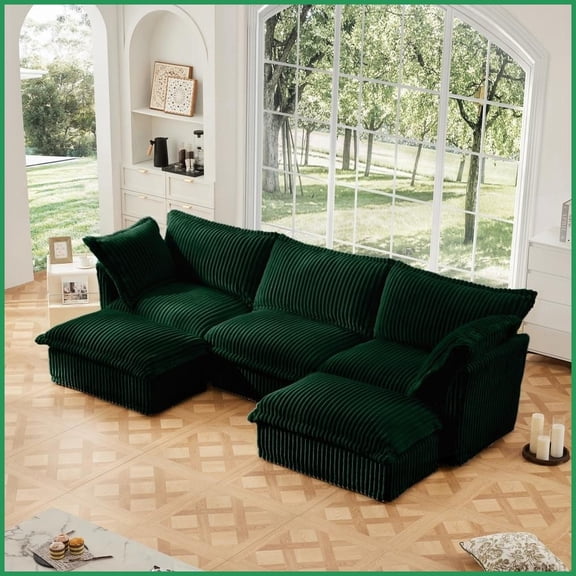 Modern Corduroy 3-Seat U-Shaped Sectional Sofa with Removable Covers ā Deep Seat Couch for Living Room/Apartment, Green