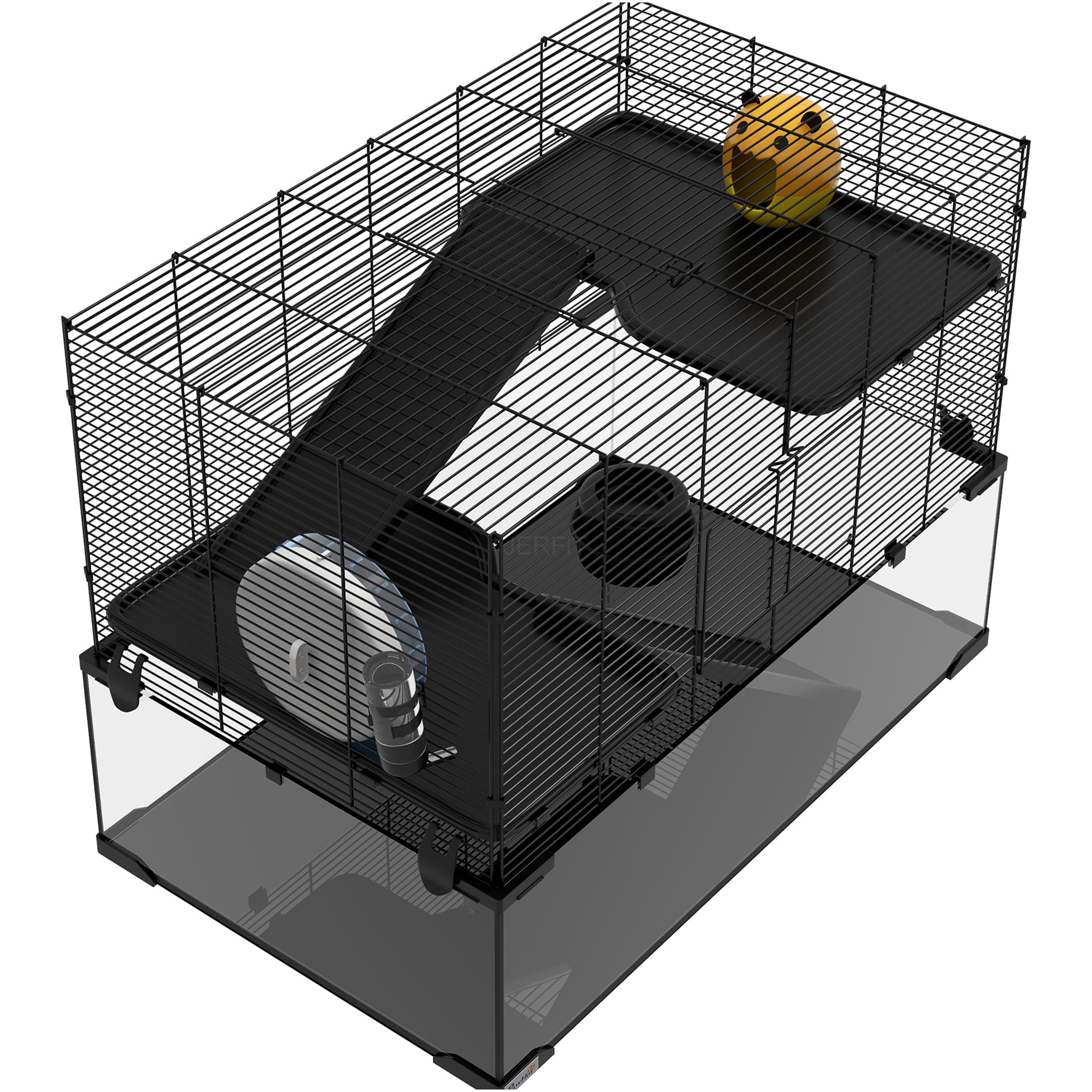 JERFIT 3-Tier Hamster Cage with Glass Base, Detachable Wheel, Water Bottle & Food Dish for Dwarf Hamsters, Gerbils, Mice - Black