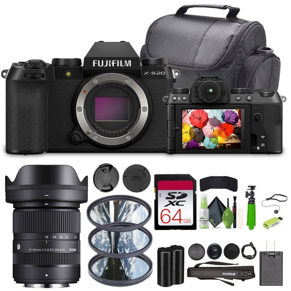 Fujifilm X-S20 Professional Compact Digital Mirrorless Camera Body, Black, Bundle With Sigma 18-50mm f/2.8 DC Contemporary Lens Fuji X   64GB Memory Card   Vlogging Tripod  Cleaning Kit   Accessories
