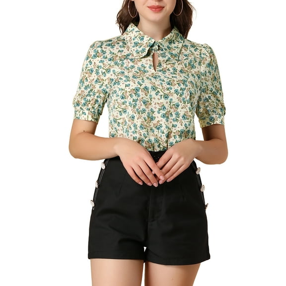 INSPIRE CHIC Women's Blouse Turndown Collar Split Neck Puff Sleeve Chiffon Shirt XS Beige