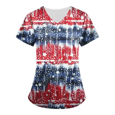 

XHJUN Womens Summer Scrub Tops V Neck Short Sleeve Shirt American Flag Tees Comfy Soft Working Uniform Independence Day Tshirt Hot Pink S