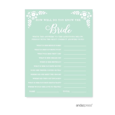 How Well Do You Know The Bride? Floral Mint Green Wedding Bridal Shower Game Cards  20-Pack price history on PriceWatchPro