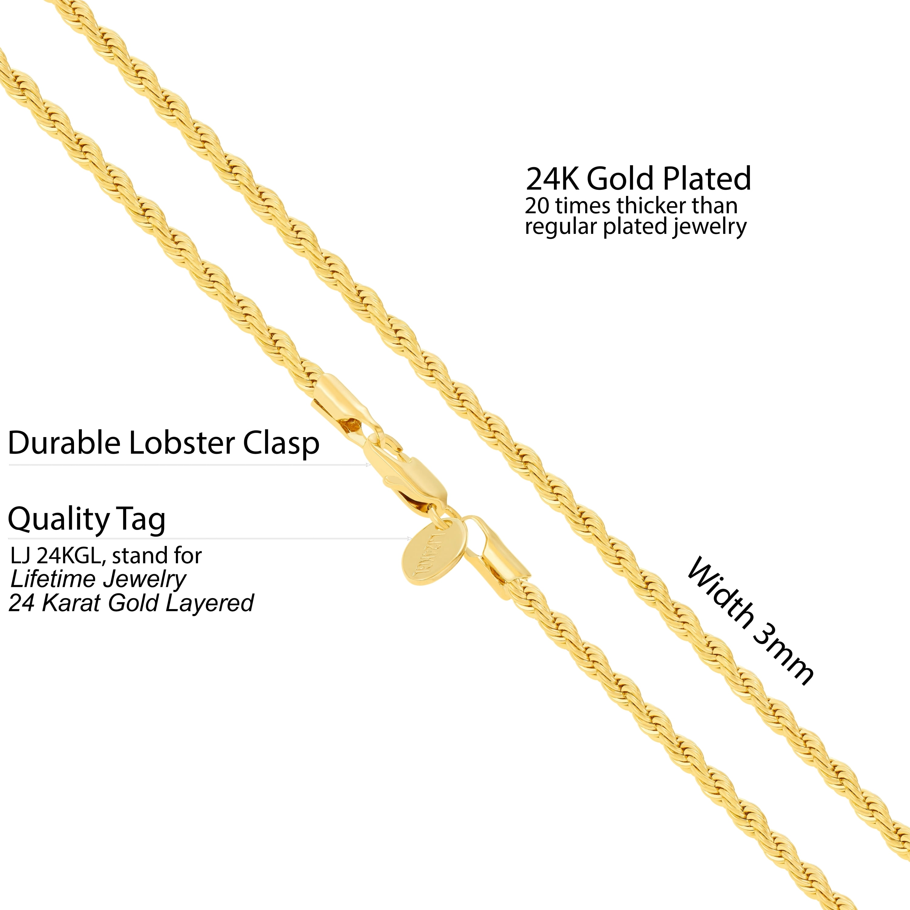 LIFETIME JEWELRY 3mm Rope Chain Necklace 24k Real Gold Plated