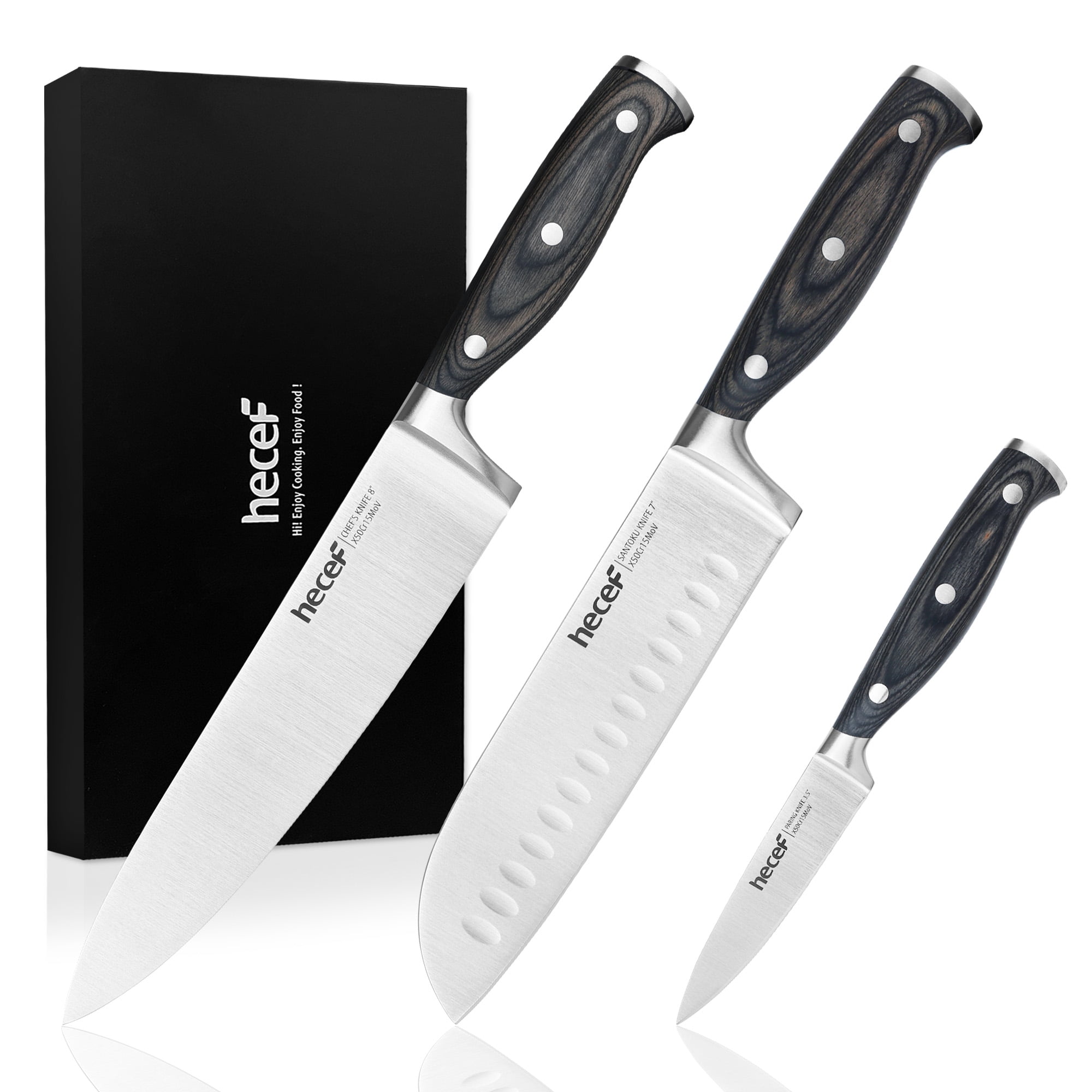 Hecef 3-Piece Knife Set, German Stainless Steel Ultra Sharp Chef, Santoku, Paring Knife with Gift Box