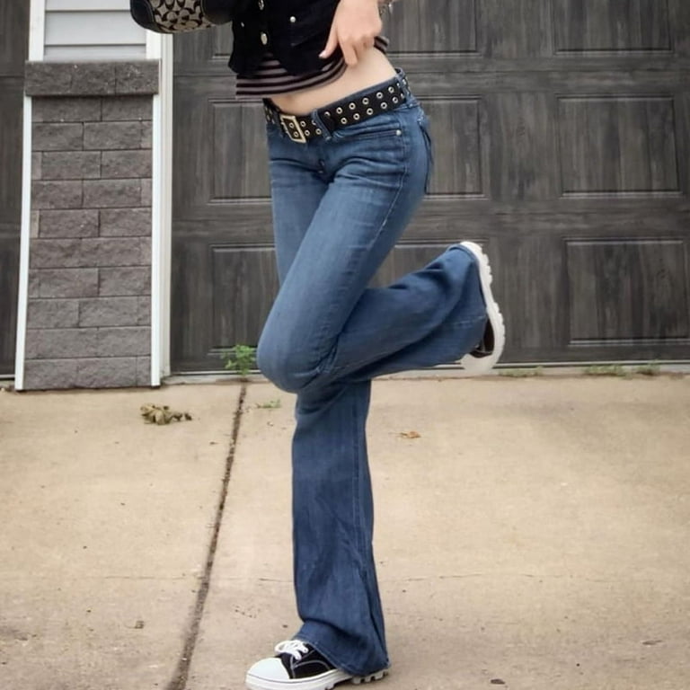 Women Jeans Retro Low Rise Skinny Flared Pants Long Denim Trousers Vintage  Streetwear
