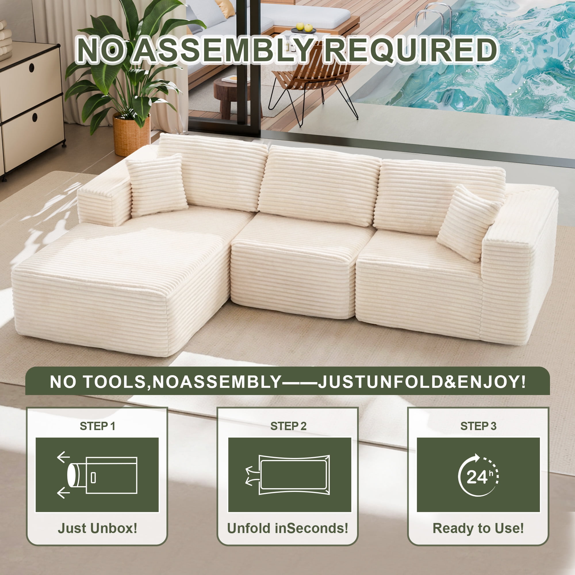 MAYEERTY 104 in Corduroy Modular Sofa, Compressed Boneless DIY Zero-Assembly Sofa, for Living Room & Small Apartment, Beige