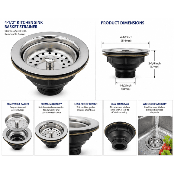 Avalon Kitchen Basket Strainer with Plastic Base and Removable Strainer Universal Fit