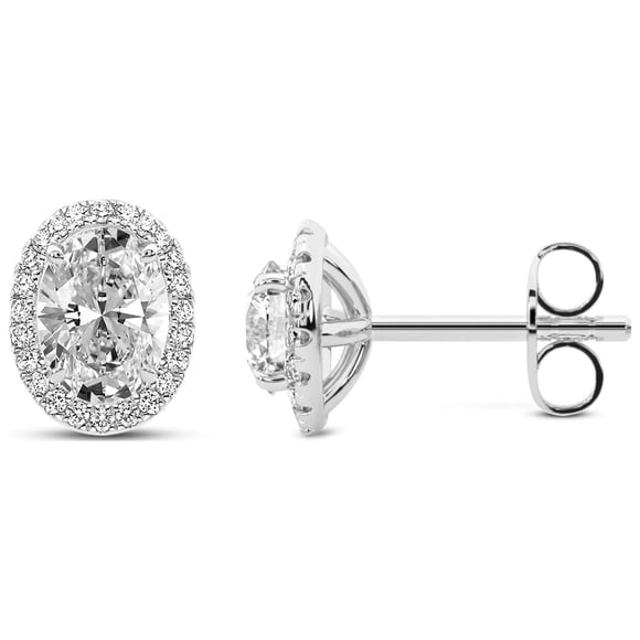 Boucle d'Oreille Clou en Diamant / Clou en Diamant de Laboratoire de Forme Ovale Certifié IGI de 4 Carats / 14K en Or Blanc / Boucles d'Oreilles Clou Halo en Diamant de Laboratoire Solice / Serti Griffes / Qualité FG-VS1-VS2 / Friendly Diamonds