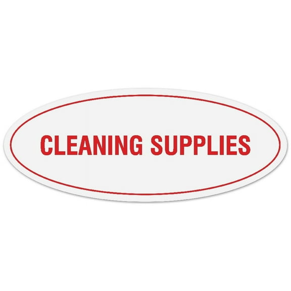 Signs ByLITA Oval CLEANING SUPPLIES Sign - Laser-Engraved Lettering | Durable ABS Plastic | Vibrant Colors | Powerful Foam Tape (White/Red) - Large