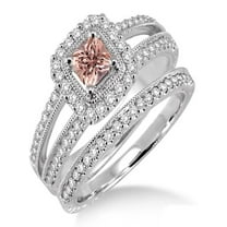 2 Carat Morganite & Diamond Antique Bridal set Halo Ring on 10k White Gold