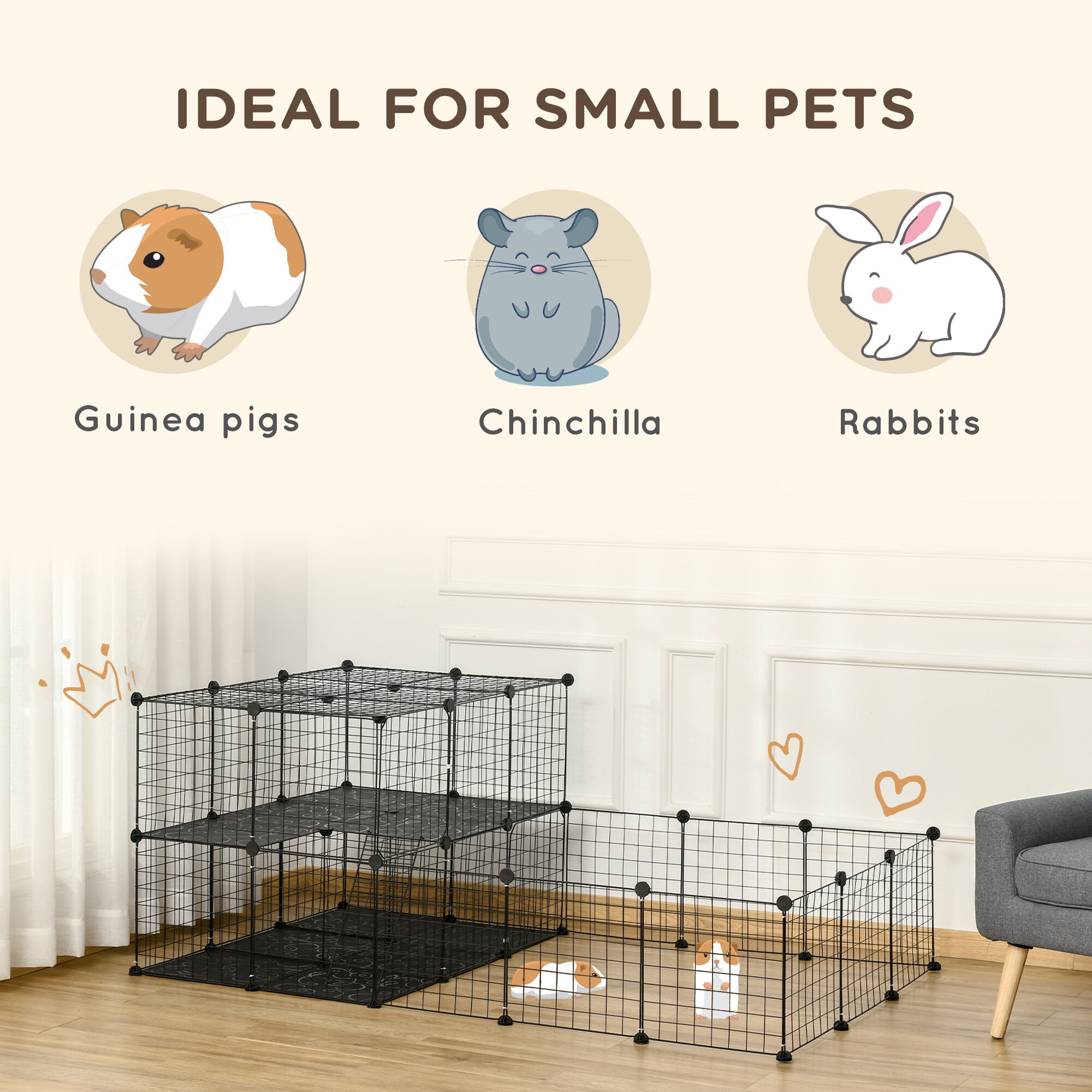 Pet Playpen PawHut 47 Panels Pet Playpen, Small Animal Playpen with Doors, Portable Metal Wire Yard Bunny Pen for Guinea Pigs, Chinchillas, 14" x 14",Guinea Pig Cage