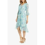 Adrianna Papell Day Surplice V Neck 3-4 Sleeves Back Zipper High - Low Hem Midi Chiffon Dress-BLUE MULTI / 12