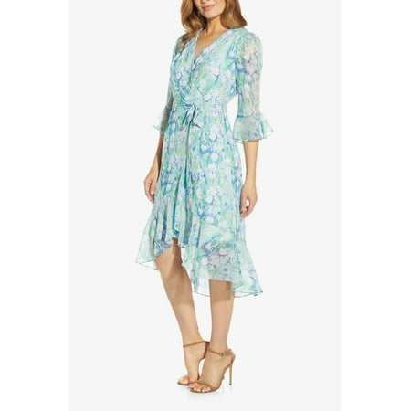 Adrianna Papell Day Surplice V Neck 3-4 Sleeves Back Zipper High - Low Hem Midi Chiffon Dress-BLUE MULTI / 12