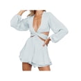 thumbnail image 1 of Yuemengxuan Ladies Solid Color Short Jumpsuit Ruffled Hem Deep V-neck Lantern Sleeve Romper, 1 of 5