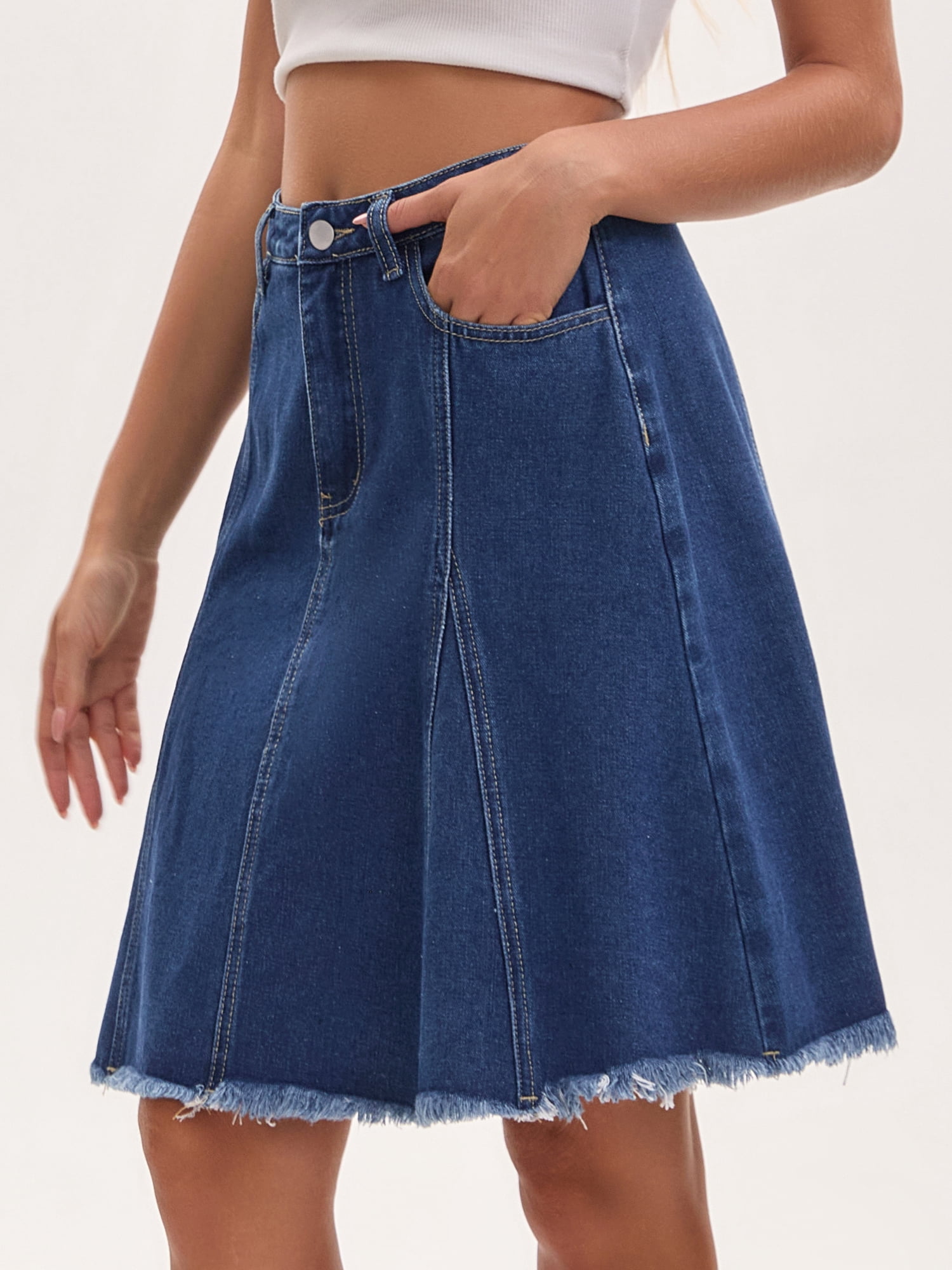 DARING DIVA Women's Denim A Line Flared Raw Hem Jean Skirts Medium Dark Blue