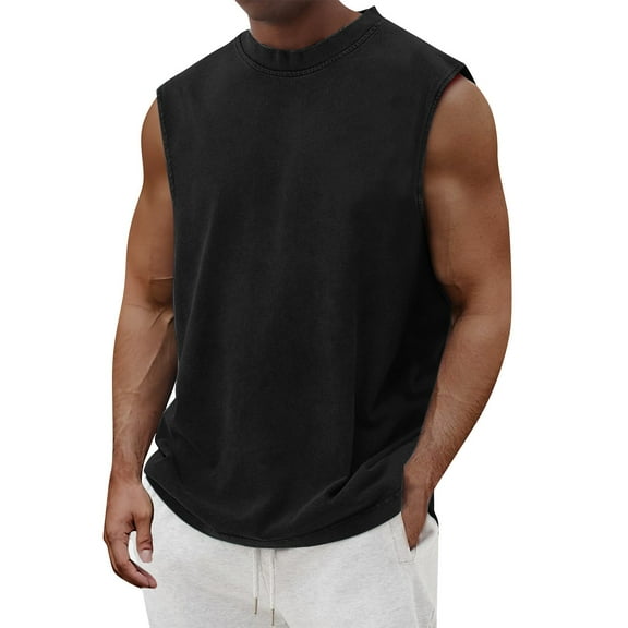 IYYVV Mens Cotton Workout Gym Tank Top Sleeveless Cut Off Muscle Shirts Tshirts Running Beach Loose Fit Tees Black 2XL