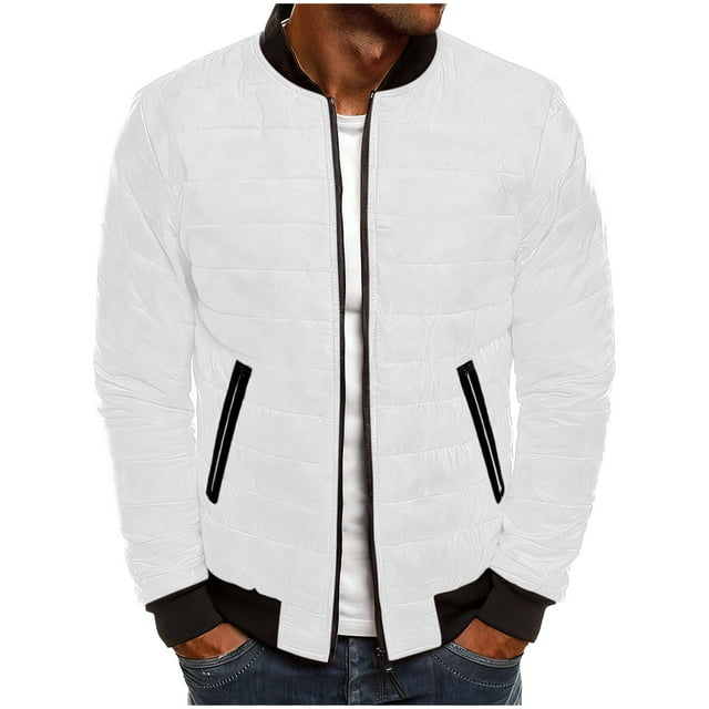 aohooy Manteau Matelassé de Randonnée pour Homme - Bomber Léger à Manches Longues, Fermeture Éclair Intégrale, Col Montant, Matelassé avec Poche à Fermeture Éclair, Blanc, G