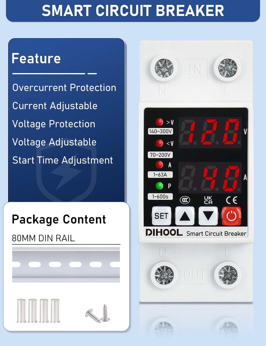 DIHOOL Smart Circuit Breaker with Adjustable Current, 110V 240V Voltage Protector high or low voltage cutoff protection device