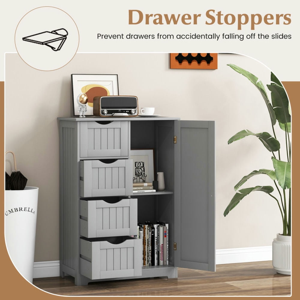 Finihen Storage Cabinet, Floor Cabinet, Standing Indoor Wooden Cabinet with 4 Drawers, for Bathroom, Living Room, Bedroom, Kitchen, Gray