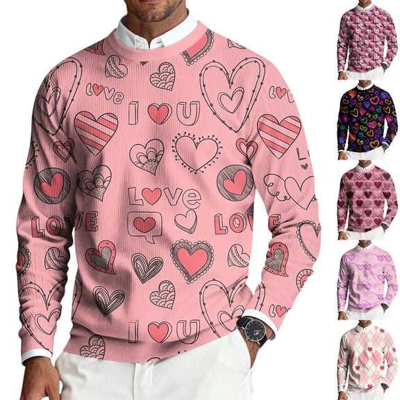 yuCgh Men's Casual Ribbed Knit Sweater with Valentine Print, Round Neck Long Sleeve Pullover, Love Heart Design Stretch Fabric Relaxed Fit Top,Hot Pink L