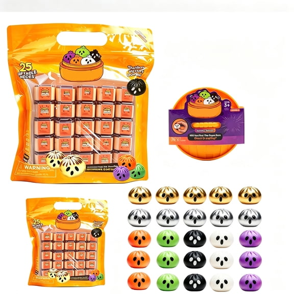 25PC Halloween Mystery Dumpling Squishy Toys, Extra Mini Kawaii Squeeze Fidget Set for Classroom Rewards, Party Supplies, Goodie Bags & Kid Gifts