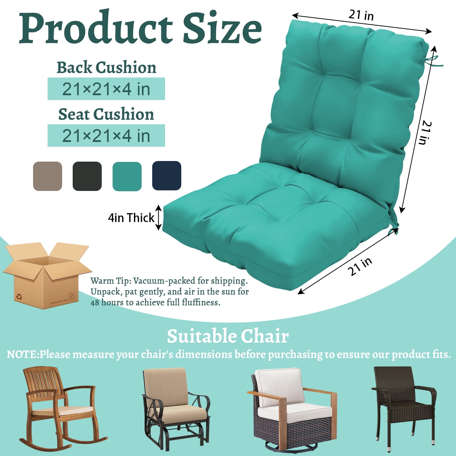 Outdoor High Back Chair Cushions Set of 2, 42"x21"x4" Tufted Waterproof Patio Cushion for Rocking & Dining Chairs, Soft Seat Pad with Ties, Fade-Resistant Indoor Outdoor Use