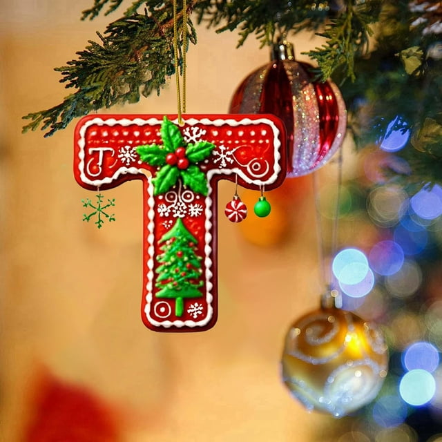 26 Pieces Red Letters Christmas Tree Decorations Candy Cane Letters With Berry Pattern Mini Alphabet Hanging Ornaments Party Home 2D Acrylic Christmas Tree Weight Ornament Stained Glass Flower Window
