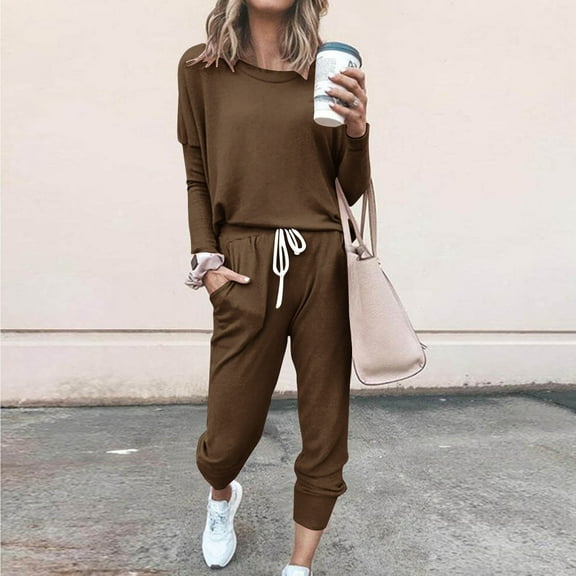BLTIBY 2025 Two Piece Outfits Sweatsuits for Women Set Solid Color and Sweatpants Sets Jogging Suits with Pockets Brown XL