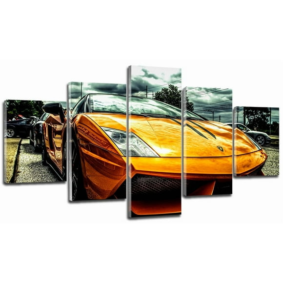 Orange Lamborghini Pictures Wall Decor for Living Room Game Room Racing Car Wall Art 3D Modern Cool Sport Car Canvas Prints Supercar Paintings Posters Giclee Artwork Home Decorations 60x32” 5 Pieces