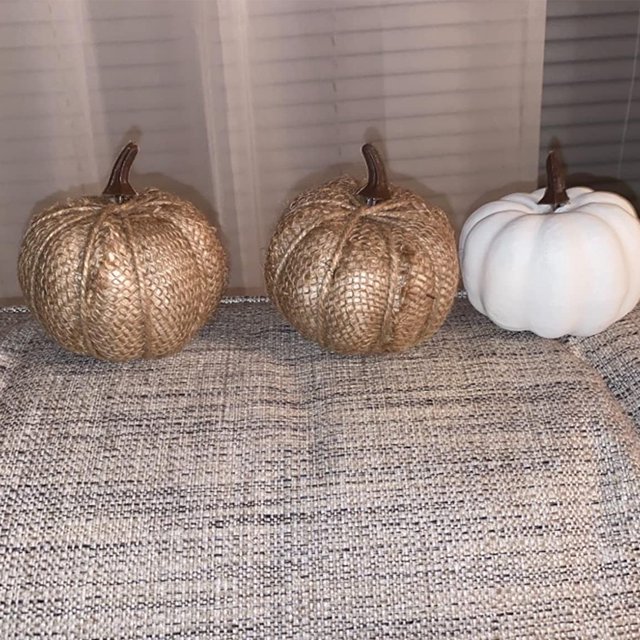 Artificial Pumpkin Halloween Decoration Pumpkin Models made of foam and fabric, featuring beige and white plaid designs. Displayed on a textured surface, these artificial fruit models are ideal for harvest décor, fall, Thanksgiving, and Halloween-themed home décor.