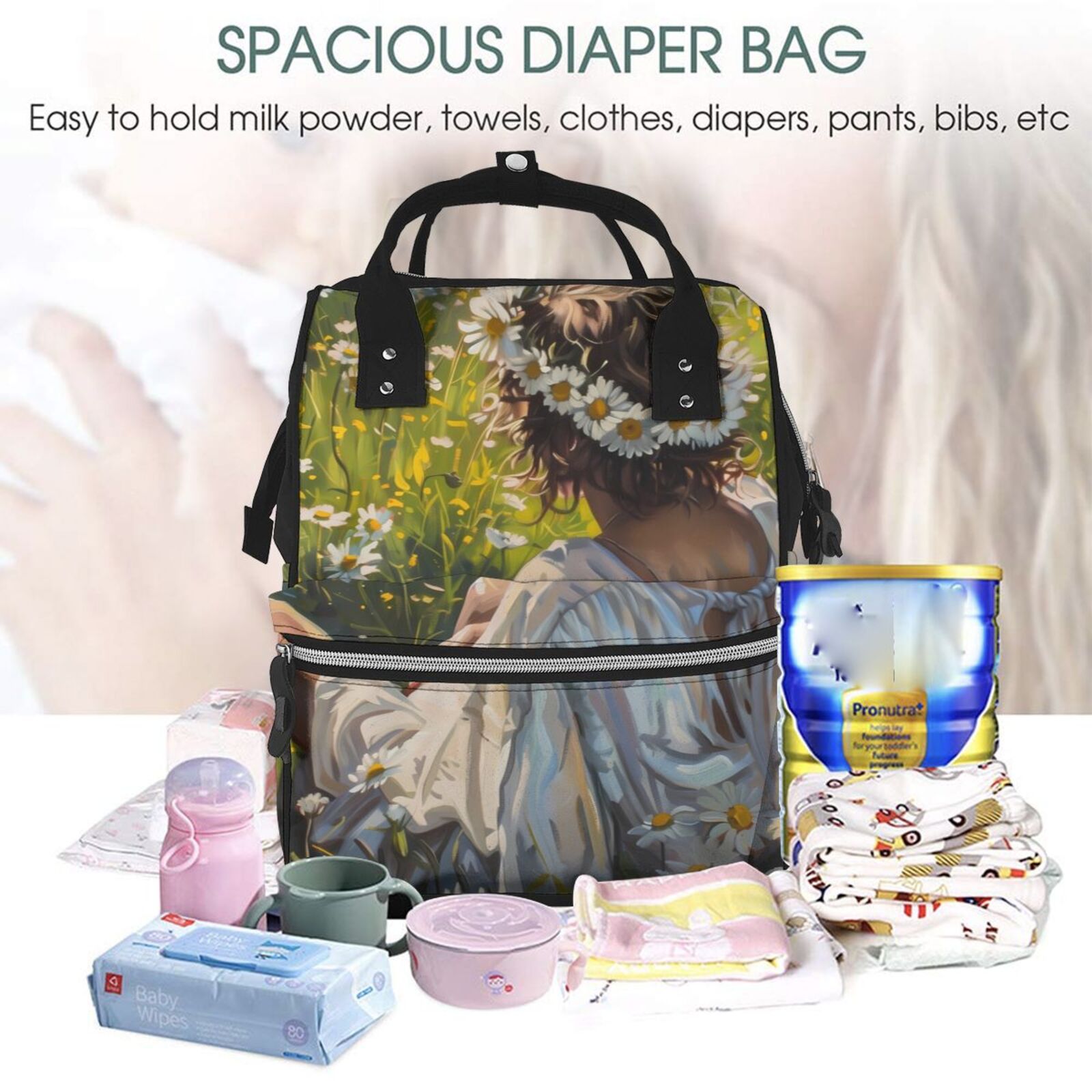 Fuzoiu Girl In Field Of Daisies Print Diaper Bag Backpack,Baby Essentials Travel Tote,Multi function Waterproof Diaper Bag, Travel Essentials Baby Bag - Unisex