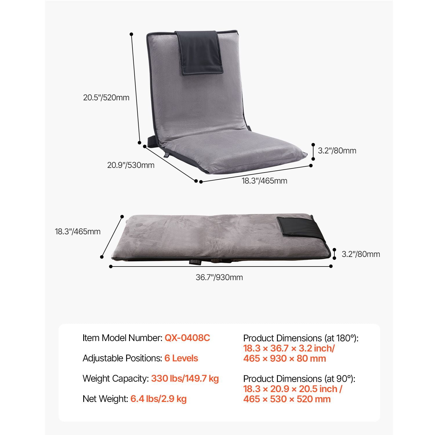Adjustable Floor Chair with 6 Recline Positions, High-Density Foam, Suede Fabric, Foldable, for Reading Gaming Relaxing