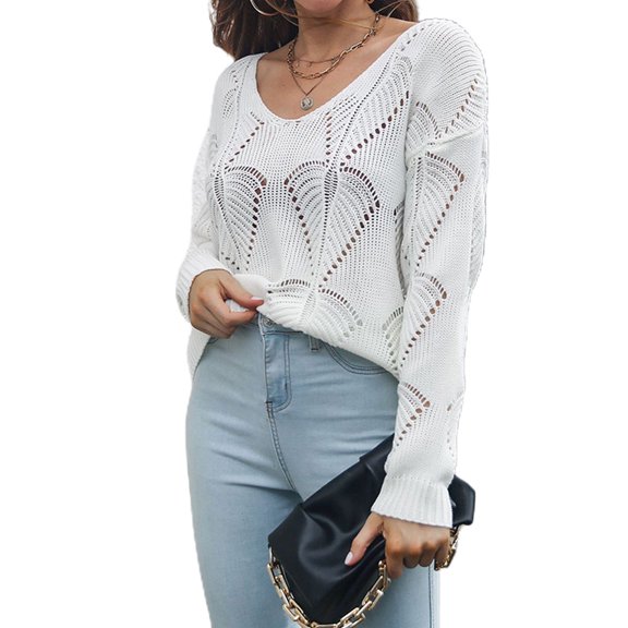 Women's Clothes Autumn Winter Fashion Solid Color Hollow V-Neck Long Sleeve Knit Sweater Clothes,White,M,