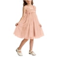 thumbnail image 2 of Xdegoge Toddler Girls Square Neck Tulle Dress Ruffle Strap Smocked Waist Solid Color Knee Length Flowy Kids Outfit Flattering Wear for Tween Wedding Guest Party, 2 of 6