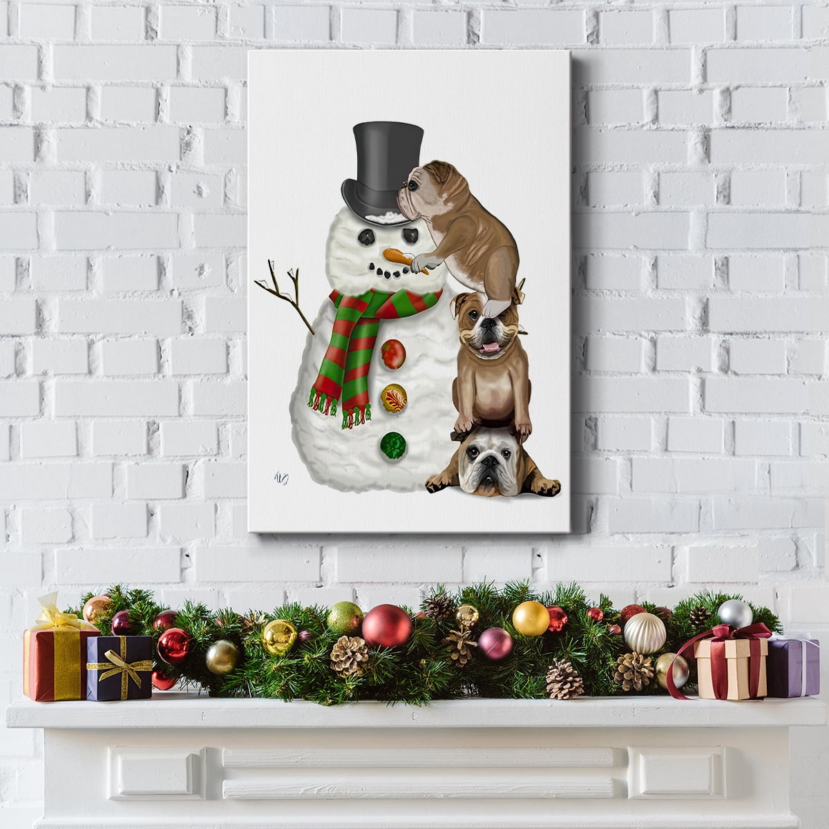 Christmas English Bulldogs Building Snowman- Gallery Wrapped Canvas