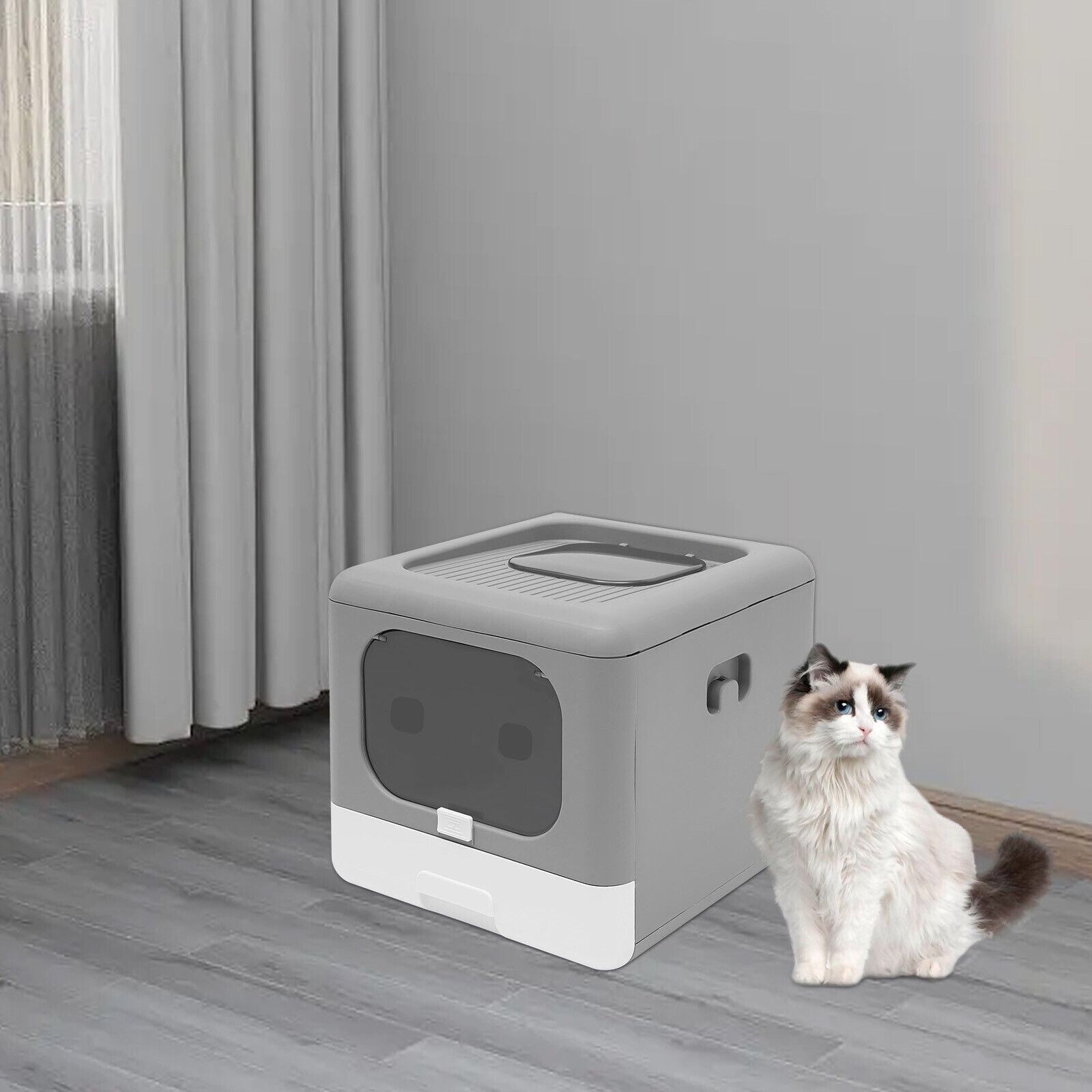Miumaeov Grey Cat Litter Box Fully Enclosed and Foldable Top Entry Litter Box Storage with