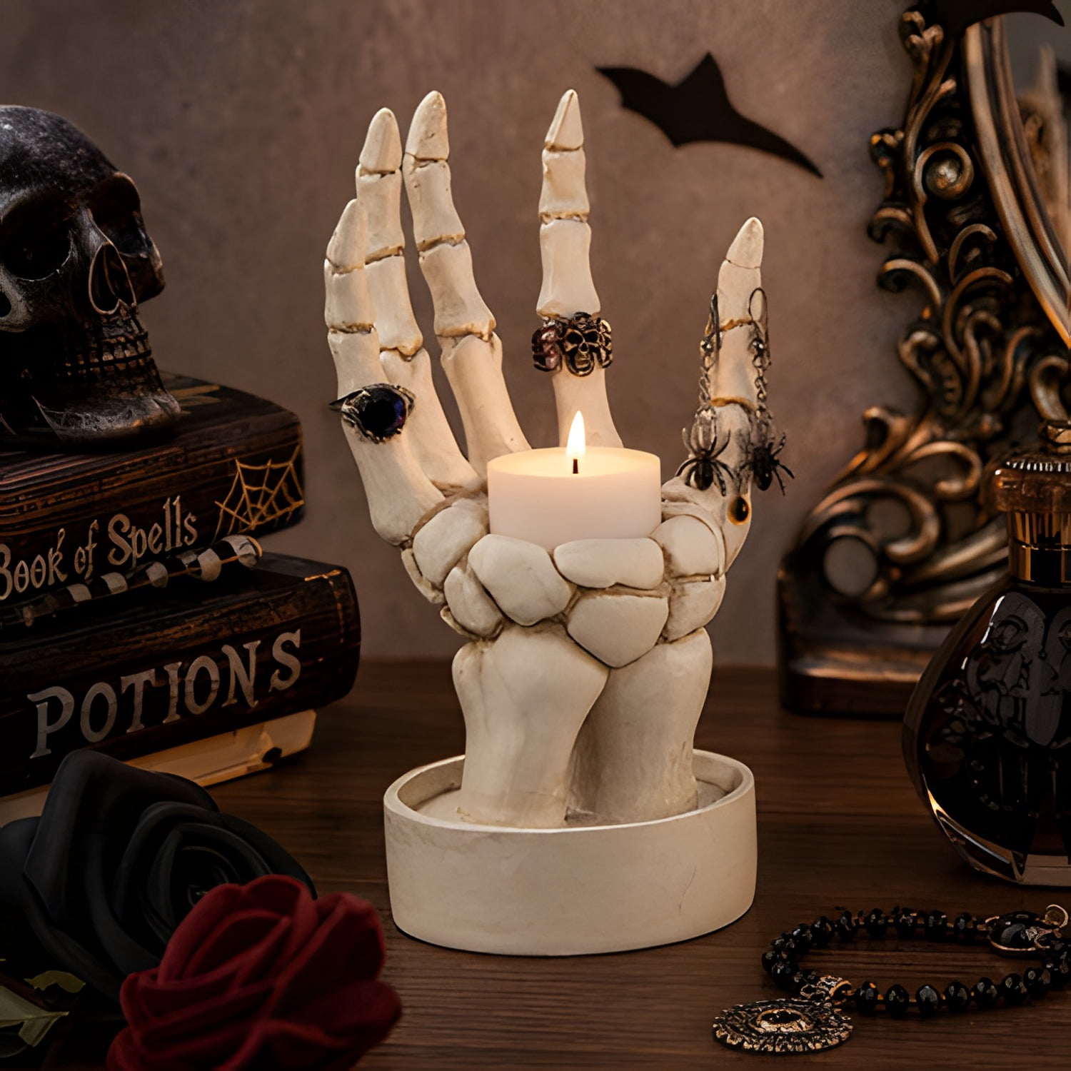Halloween Decorations Indoor Skeleton Hand Ring Holder Tealight Candle Holder for Gothic Table Decor Jewelry and Earring Organizer