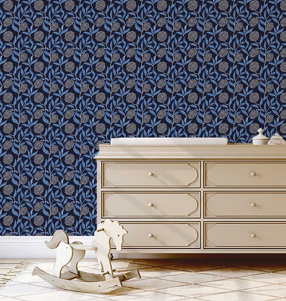 S4Sassy Peel and Stick Wall Covering, Chic Botanical Cluster Print Removable Walls Wrap - Blue Instant Wall Makeover Walls Mural for Bathroom, Laundry Room - Self-Adhesive Wallpaper Vinyl - 25"x60"