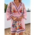 thumbnail image 4 of Women'S V-Neck Floral Print Bell Sleeve Elastic Waist Dress Casual Mini Dress Pink S, 4 of 9