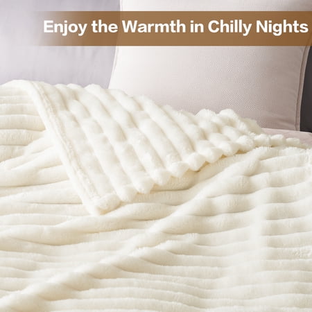 EMONIA White Fleece Throw Blanket for Couch, 320GSM Super Soft Cozy Blankets and Throws, Decorative Fleece Blankets for Women Men Gifts, Throws with Stripes for Sofa Bed Decor, 50''x60''