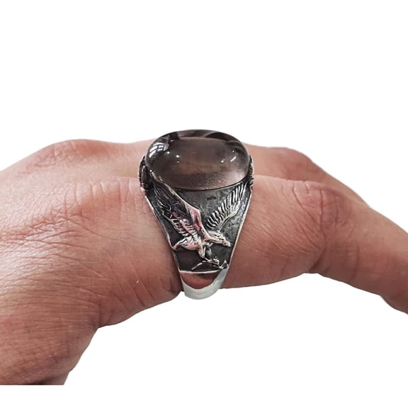 Smoky Quartz Mans Ring, Natural Smoky Quartz ring, Eagle, Silver Jewelry, 925 Silver Ring, Birthday Gift, Heavy Mens Ring, Arabic Design, Ottoman Style Ring, Christmas, Turkey Mens Signet Ring